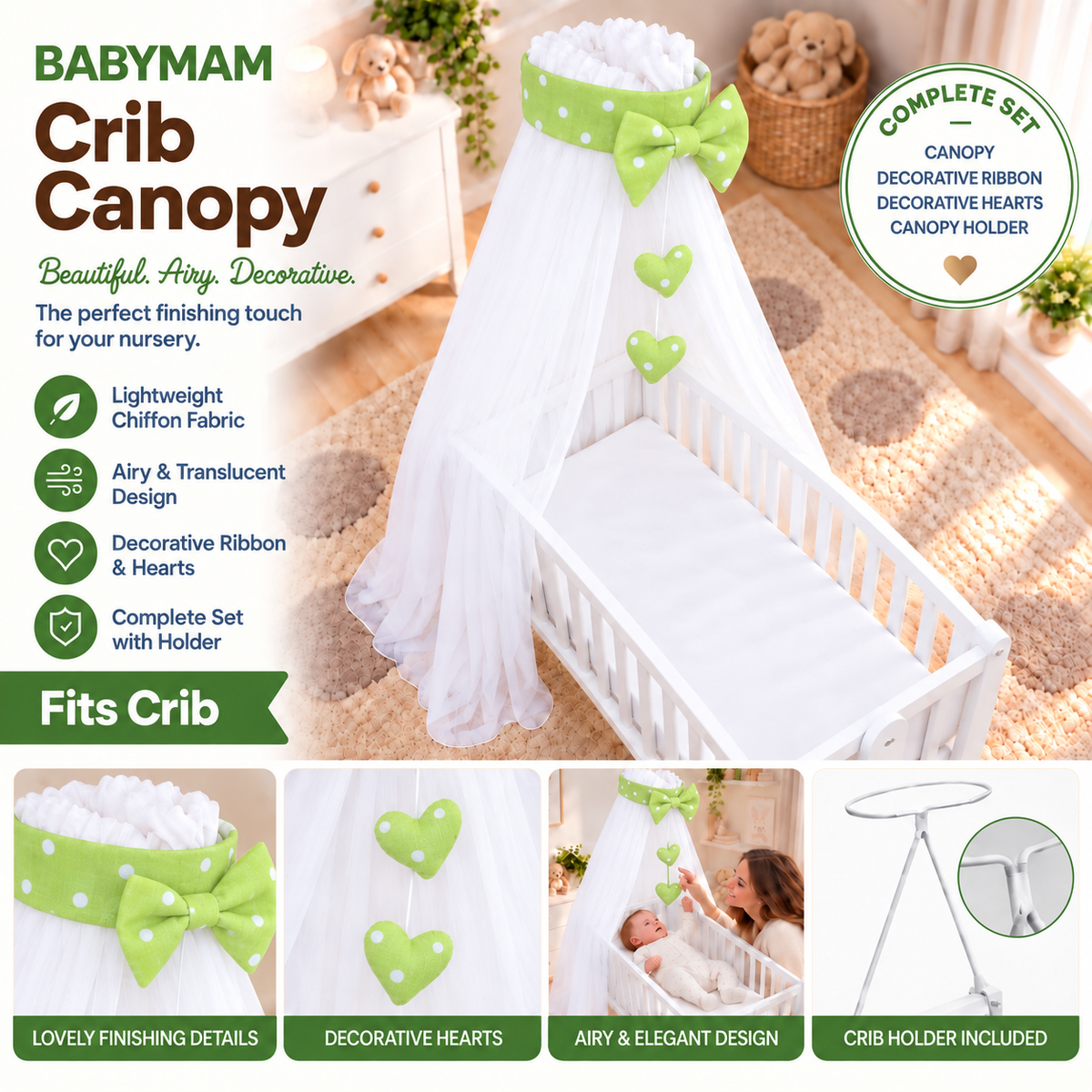 Baby Crib Canopy Mosquito Net with Holder, Decorative Bow & Hanging Hearts – Safari green