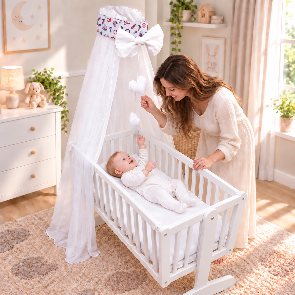 Baby Crib Canopy Mosquito Net with Holder, Decorative Bow & Hanging Hearts – Marine