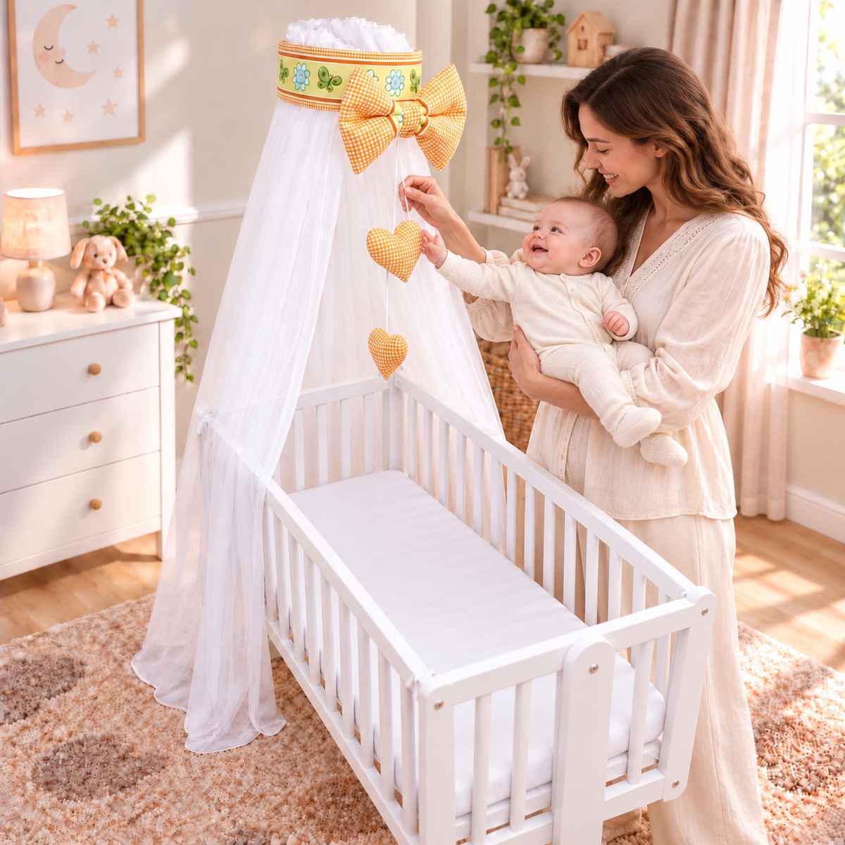 Baby Crib Canopy Mosquito Net with Holder, Decorative Bow & Hanging Hearts – Dino Orange