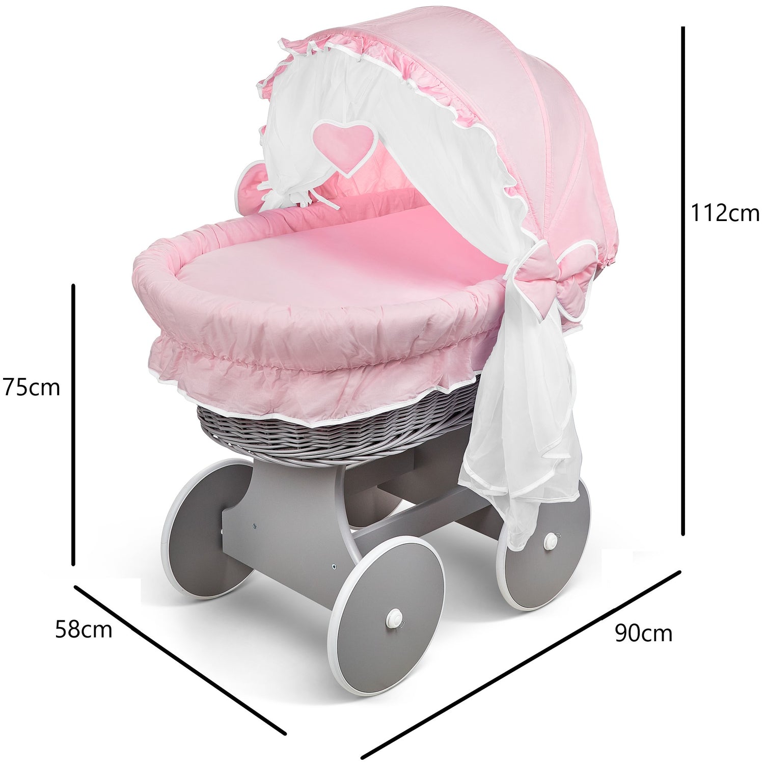 Grey Wicker Wheels Crib/Baby Moses Basket & Complete Bedding Pink - 100% Cotton - MyHappy Baby