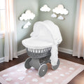 Luxury Grey Baby Moses Basket Wheels White Dimple Bedding