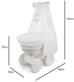 White Wicker Moses Basket with Wheels & White Dimple Bedding Set - MyHappy Baby