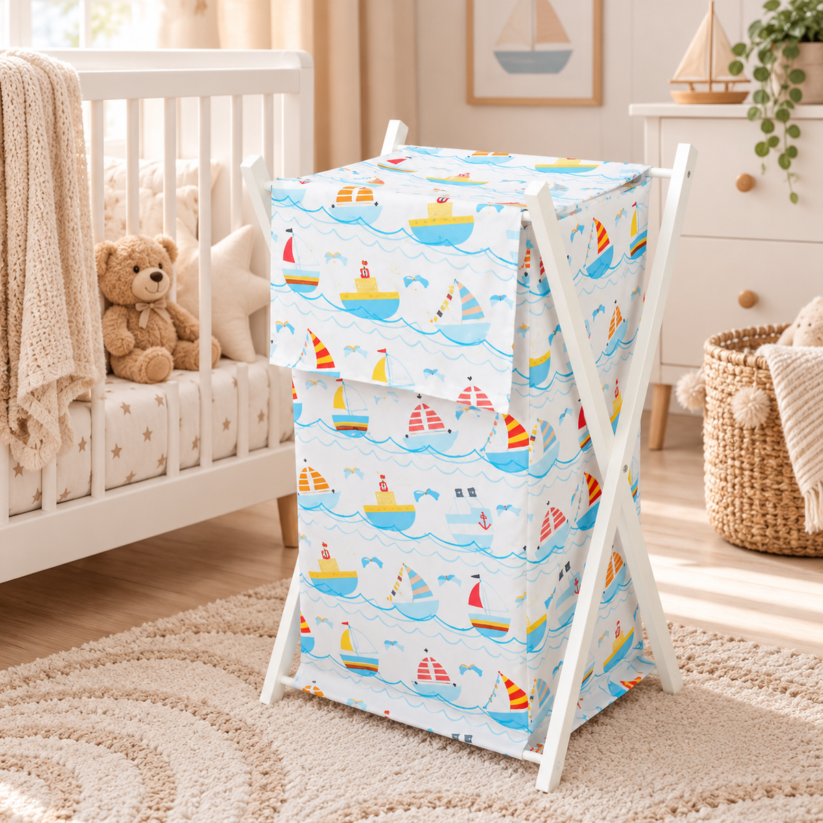 Laundry Basket with white wooden frame and storage removable linen BOATS