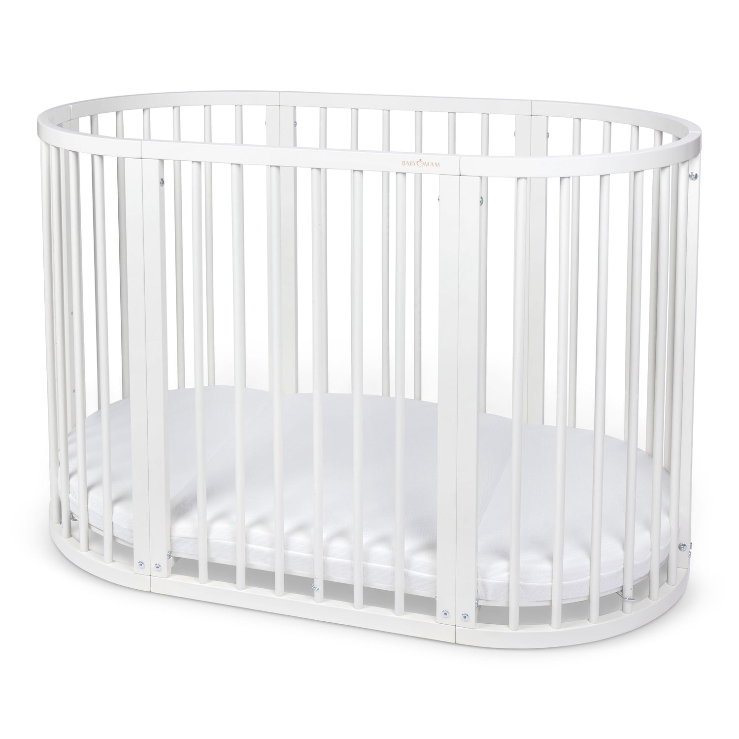 BABYMAM Snoa Oval Baby Cot – White Convertible Crib with Mattress