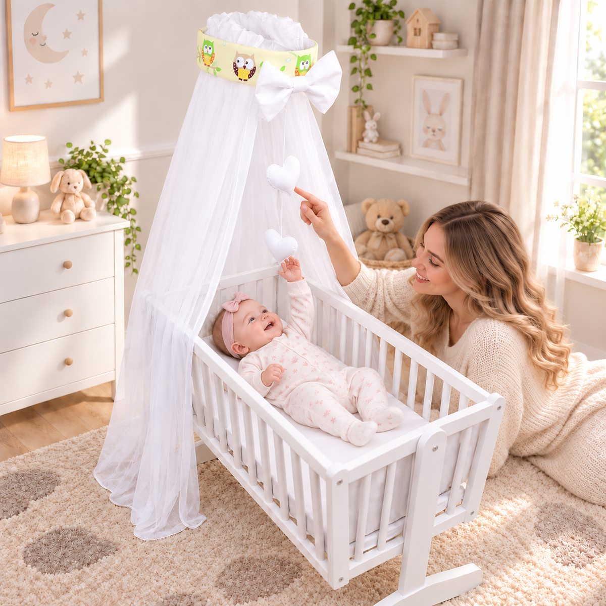 Baby Crib Canopy Mosquito Net with Holder, Decorative Bow & Hanging Hearts – Owls yellow