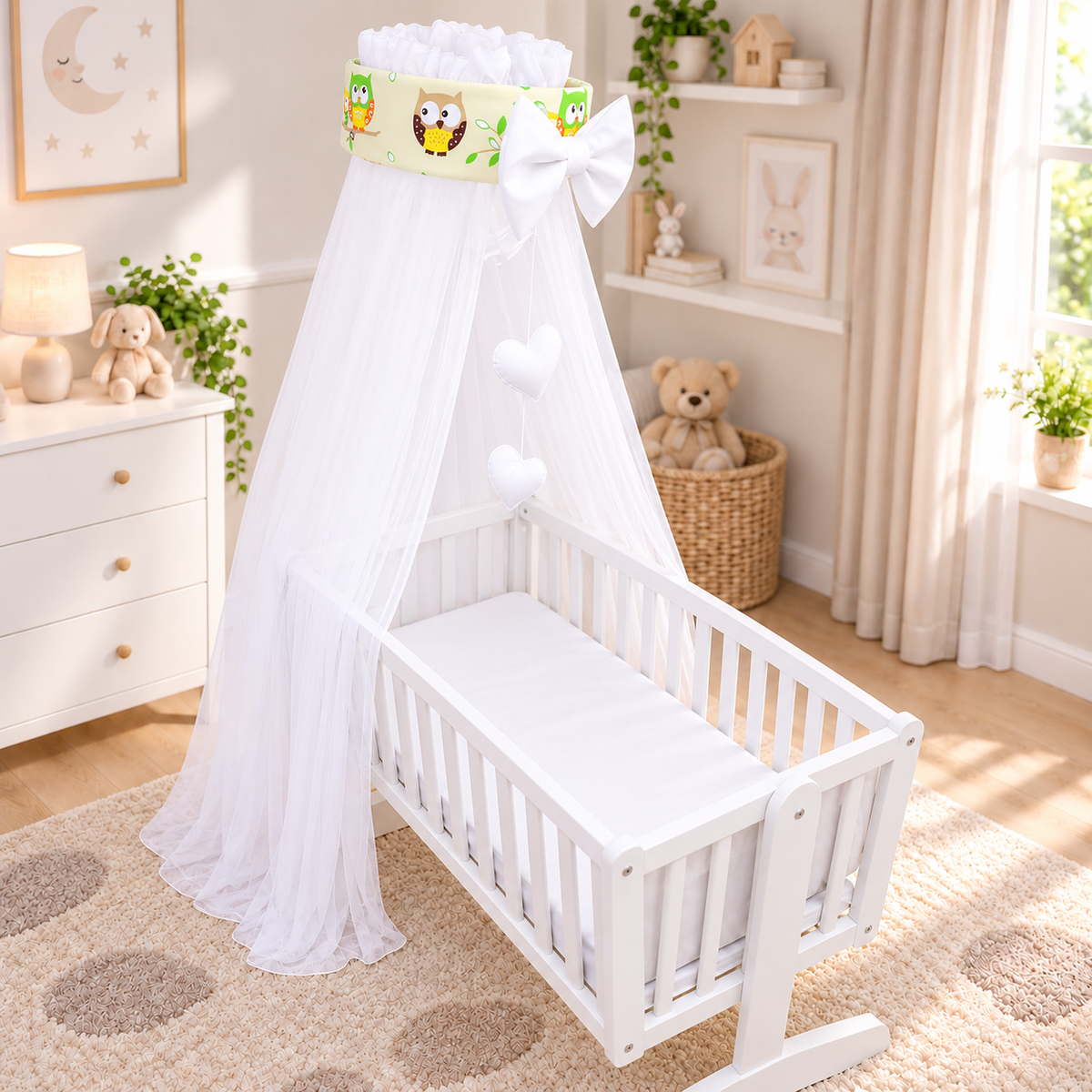 Baby Crib Canopy Mosquito Net with Holder, Decorative Bow & Hanging Hearts – Owls yellow