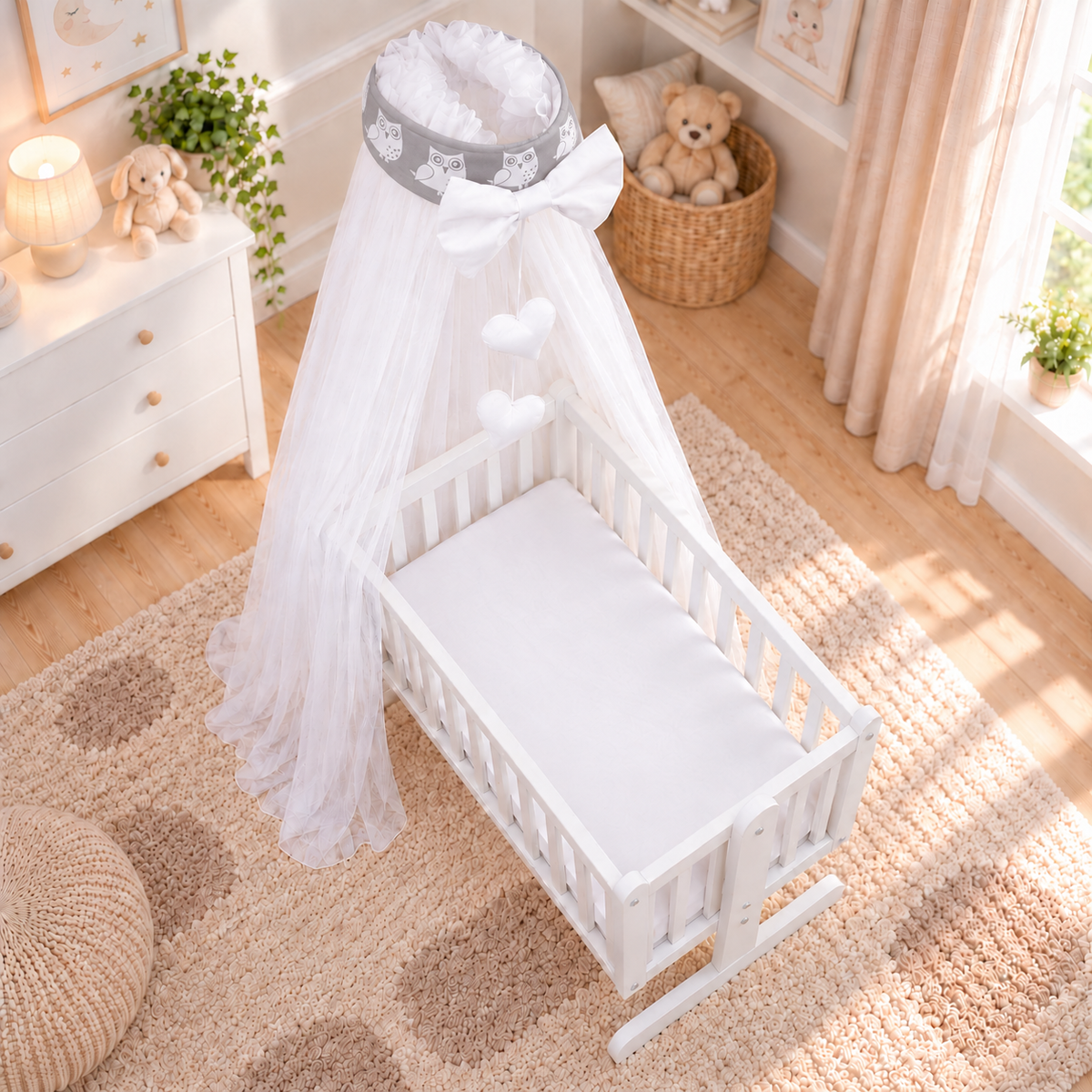 Baby Crib Canopy Mosquito Net with Holder, Decorative Bow & Hanging Hearts – Owls grey