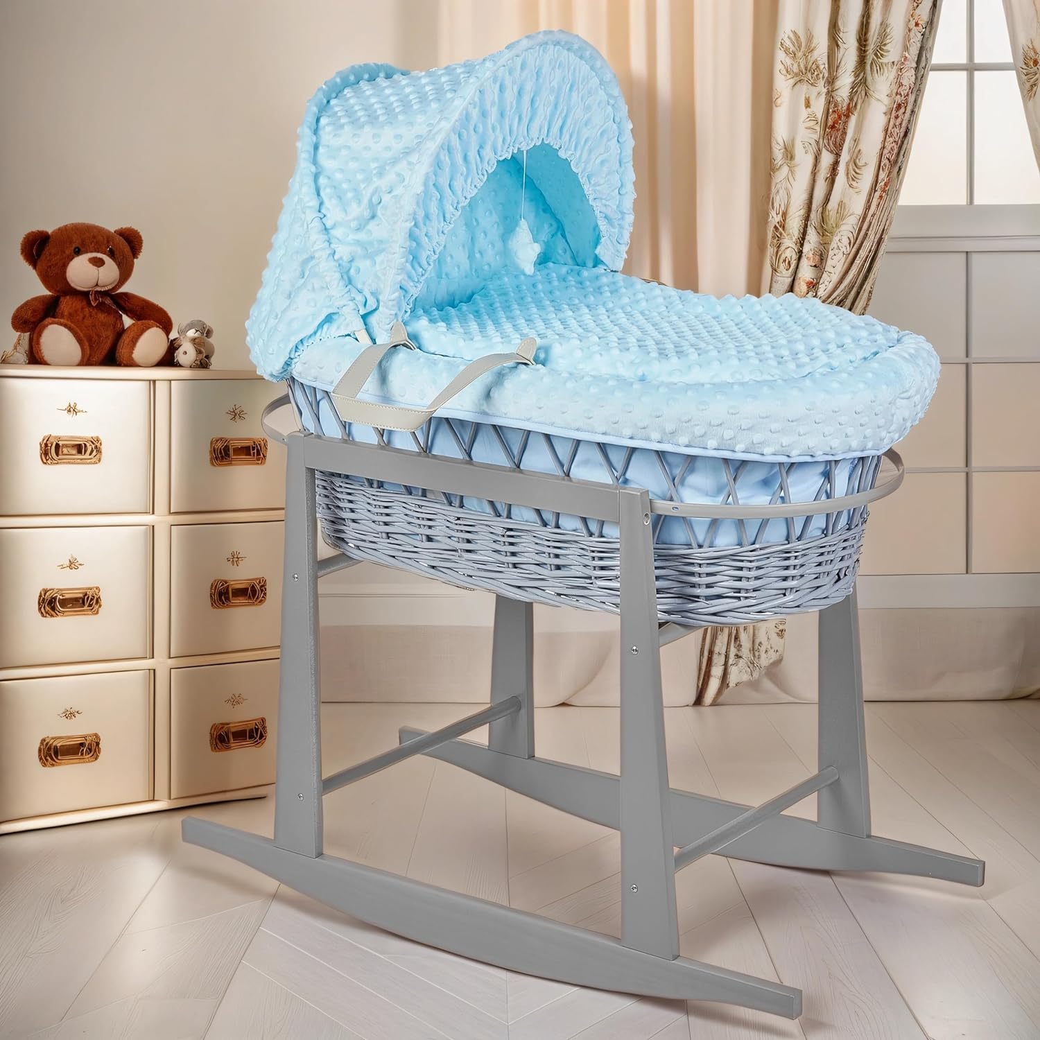 Luxury Moses Basket Padded Wicker Baby Full Set Rocking Stand Grey Handle/Blue