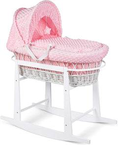 Luxury Moses Basket Padded Wicker Baby Full Set Rocking Stand White Handle/Pink - MyHappy Baby