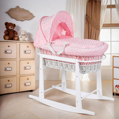 Luxury Moses Basket Padded Wicker Baby Full Set Rocking Stand White Handle/Pink - MyHappy Baby