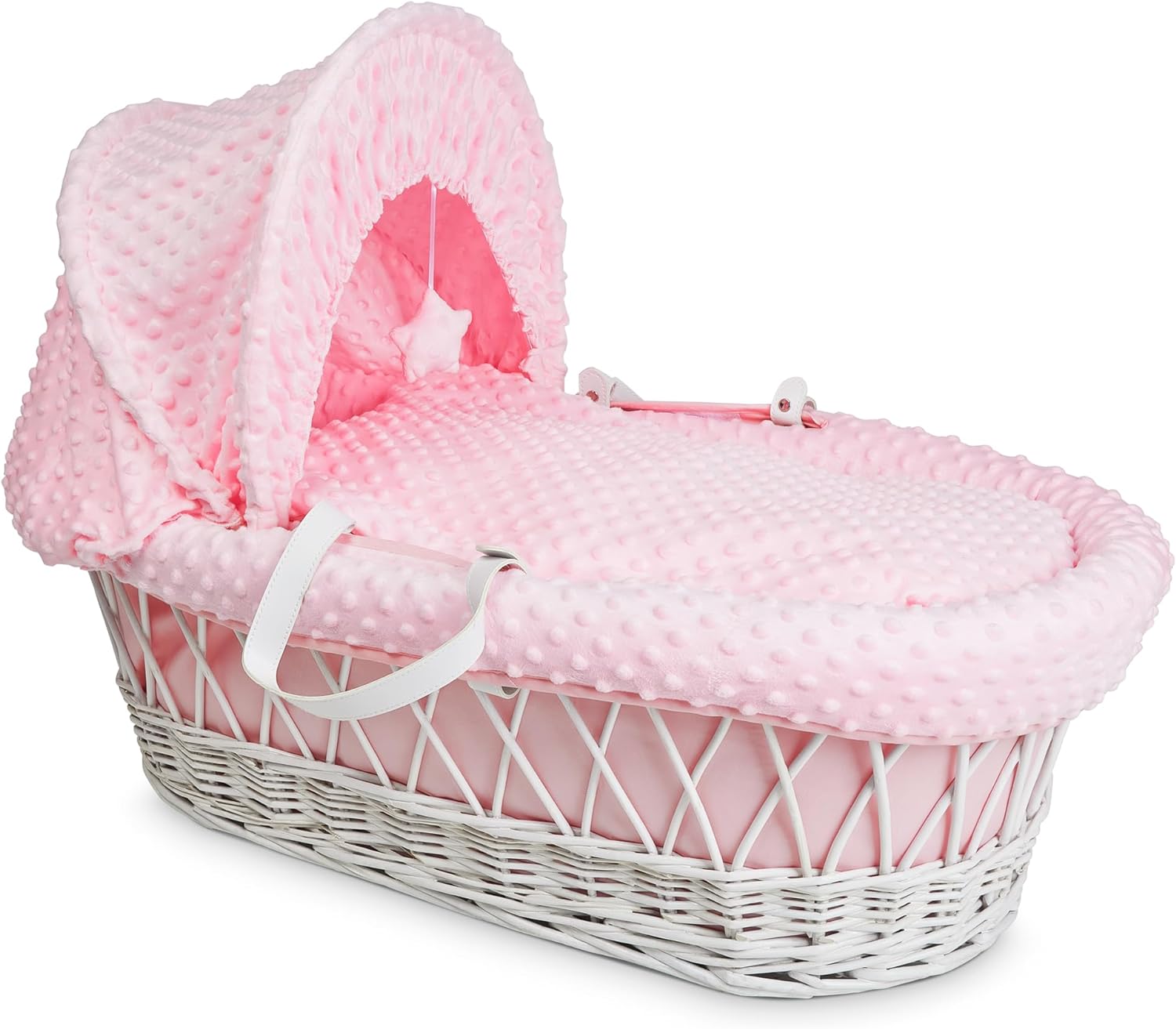 Luxury Moses Basket Padded Wicker Baby Full Set Rocking Stand White Handle/Pink