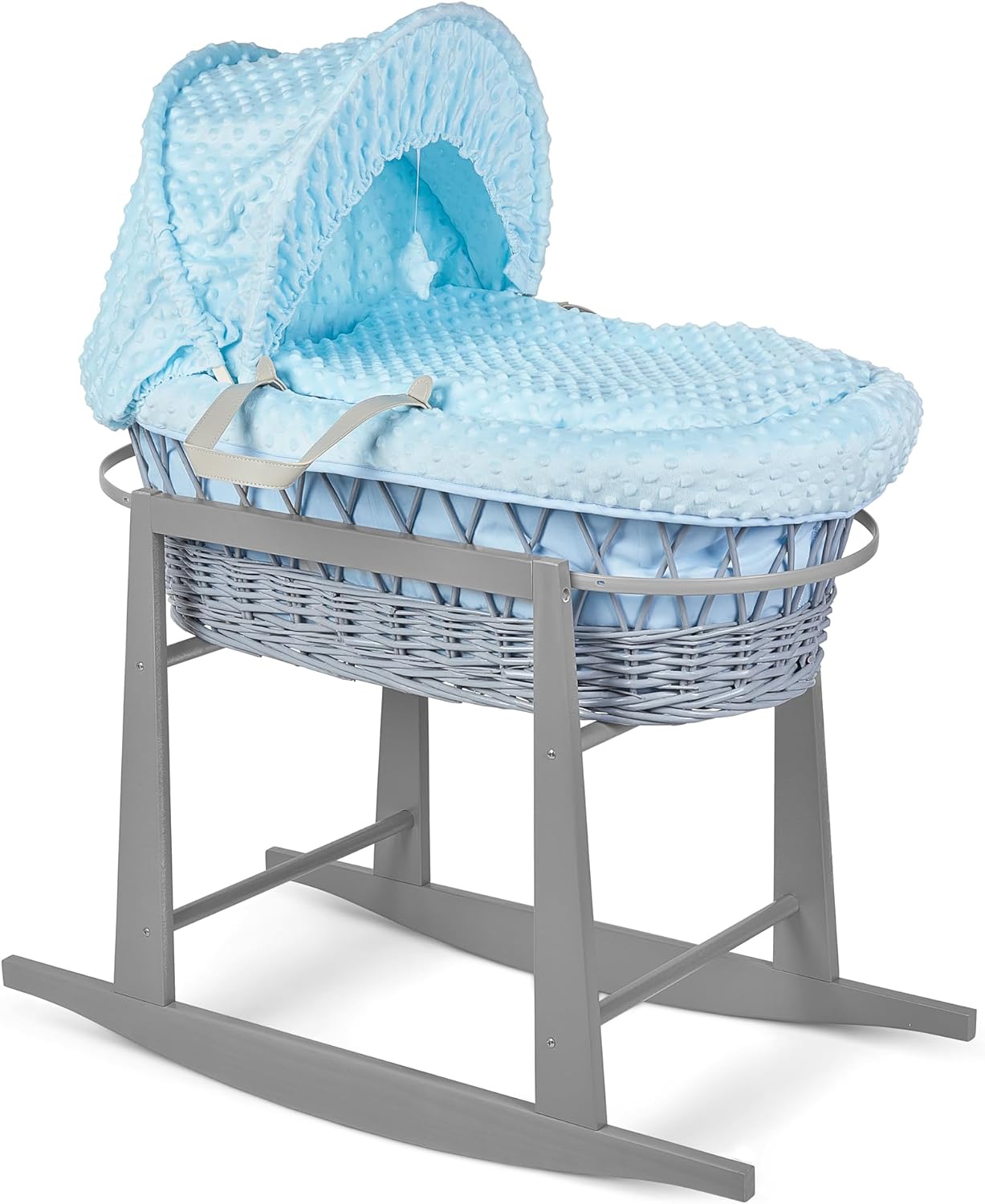 Luxury Moses Basket Padded Wicker Baby Full Set Rocking Stand Grey Handle/Blue