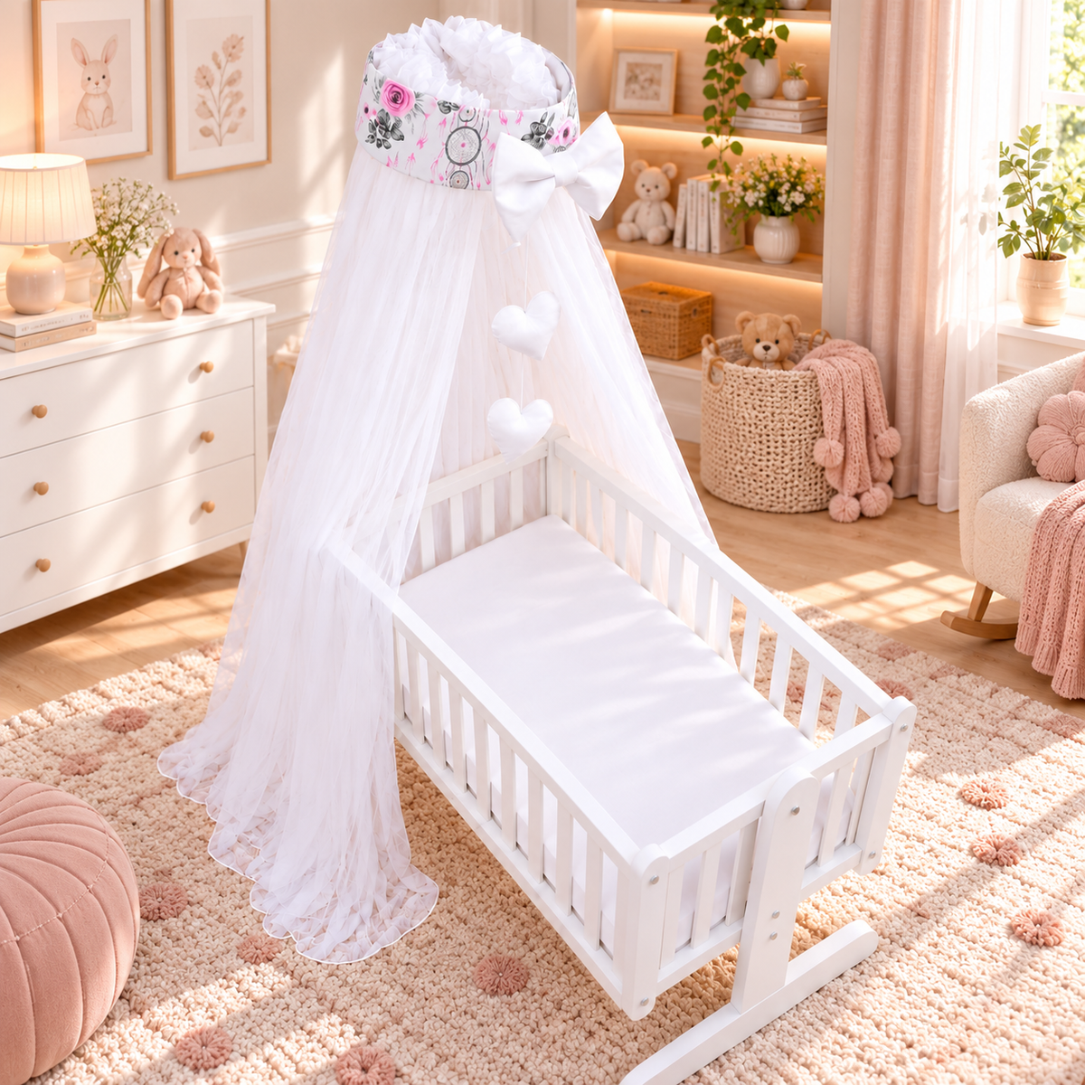 Baby Crib Canopy Mosquito Net with Holder, Decorative Bow & Hanging Hearts – Dream Catcher