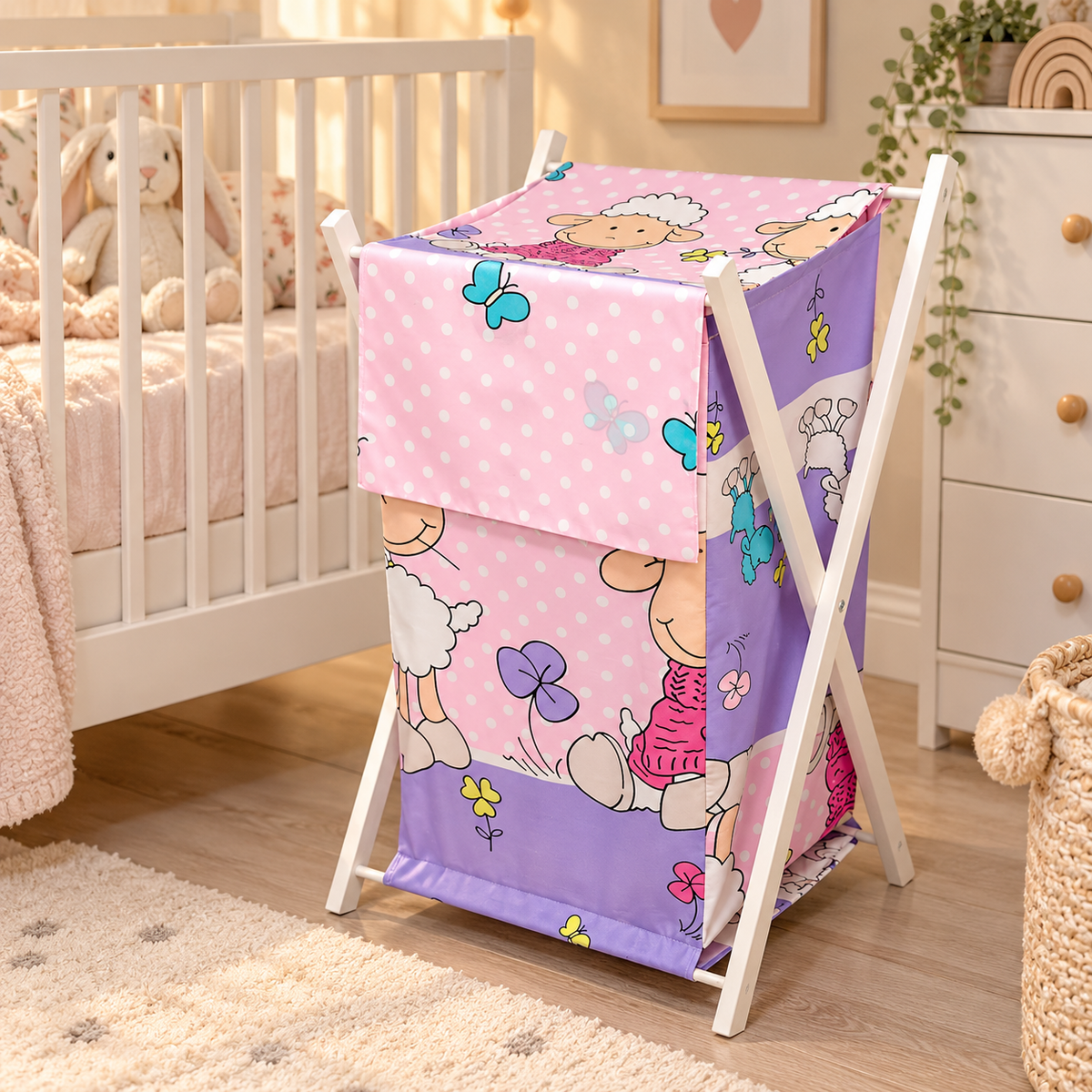 Laundry Basket with white wooden frame and storage removable linen SHEEP PINK