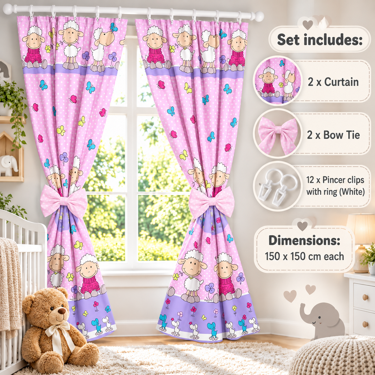 Nursery Curtains for Babies & Toddler's Bedroom Window Sheep pink