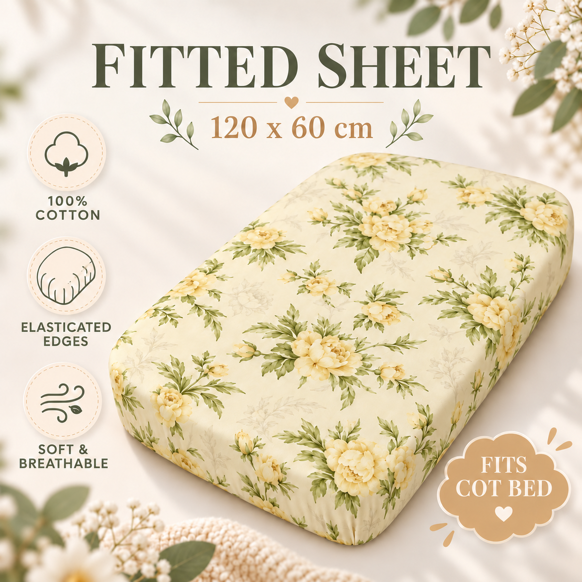 BABYMAM Baby Cot Bed Fitted Sheet 120x60 cm 100% Cotton, Soft Breathable Printed Fitted Sheet for Baby Cot Mattress (Peony Vanilla)
