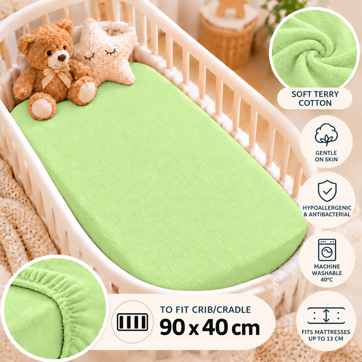 Terry Towelling Fitted Sheet 90X40cm Nursery Baby Crib/Cradle/ Soft/ Frotte Green - MyHappy Baby