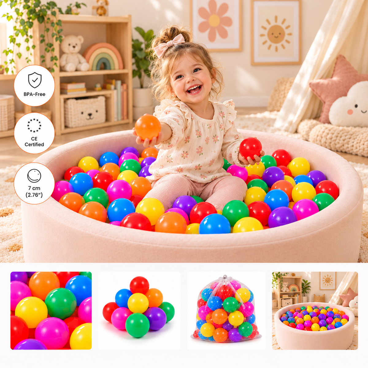100 Plastic Balls for Foam Pool Non Toxic, Phthalate & BPA Free Indoor, Outdoor  Toddler Baby Kids Girls Boys Play Round