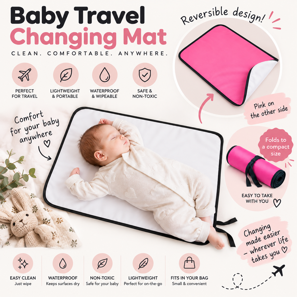 Portable Baby Changing Mat  Waterproof, Reversible & Foldable Travel Nappy Changing Pad (Pink)