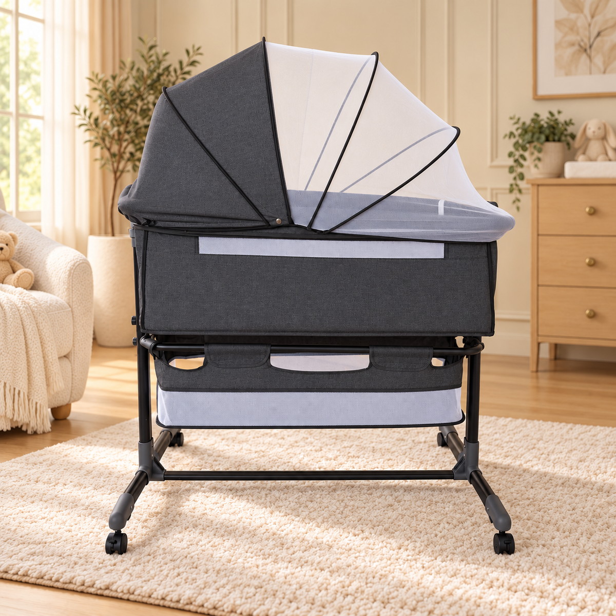BABYMAM Milo Folding Bedside Crib with Mattress, Mosquito Net & Storage Basket – Grey