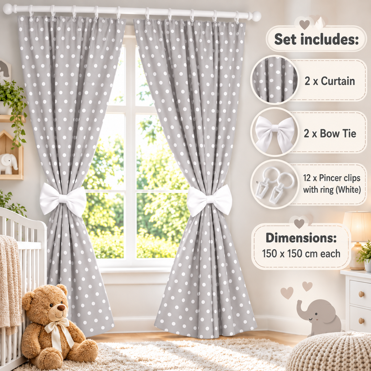Nursery Curtains for Babies & Toddler's Bedroom Dots grey