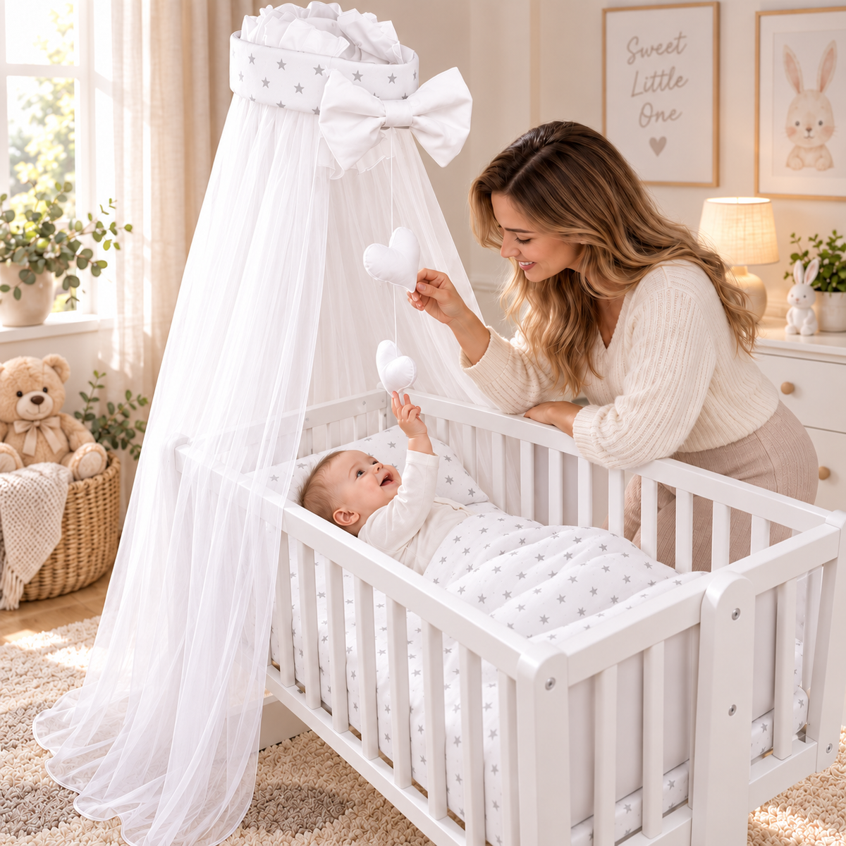 Baby Crib Canopy Mosquito Net with Holder, Decorative Bow & Hanging Hearts – Small grey stars on white