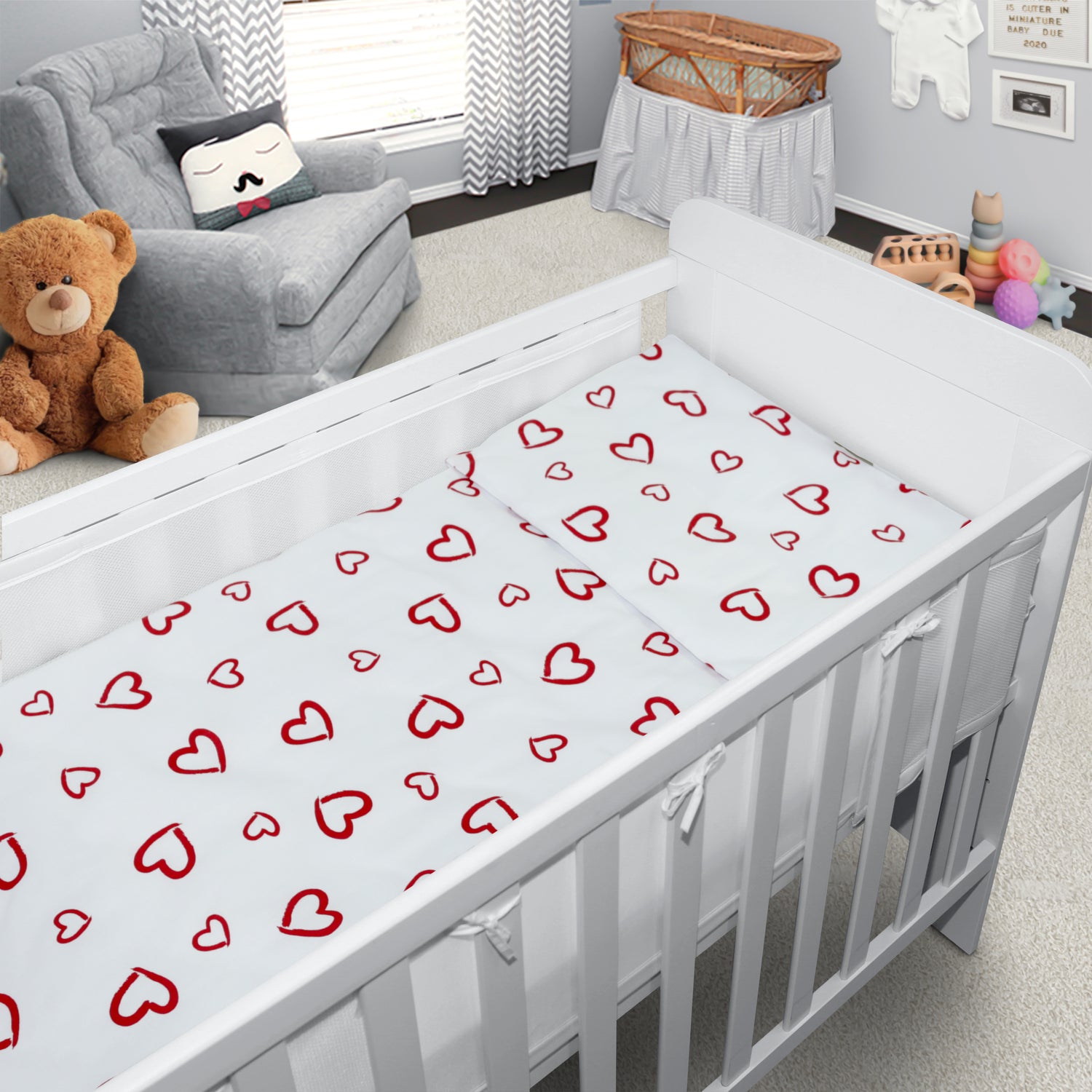 Baby Cot Bedding Set 6Pc Fit Cot 120x60cm Red Hearts