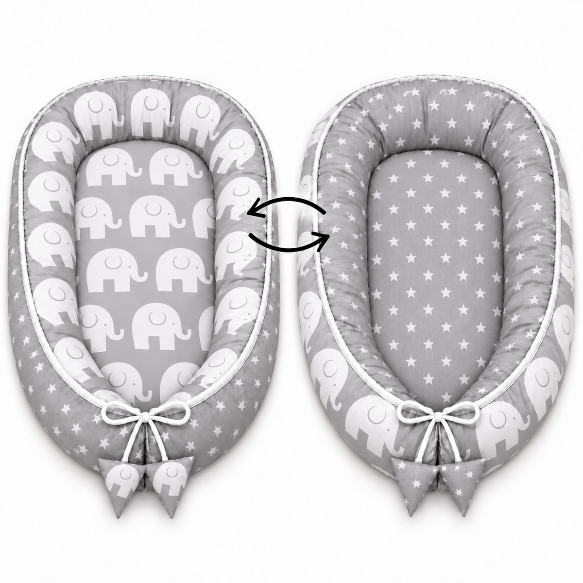 Baby Cocoon Nest  Double-Sided Reversible Baby Lounger with Removable Insert Elephants grey/Small stars