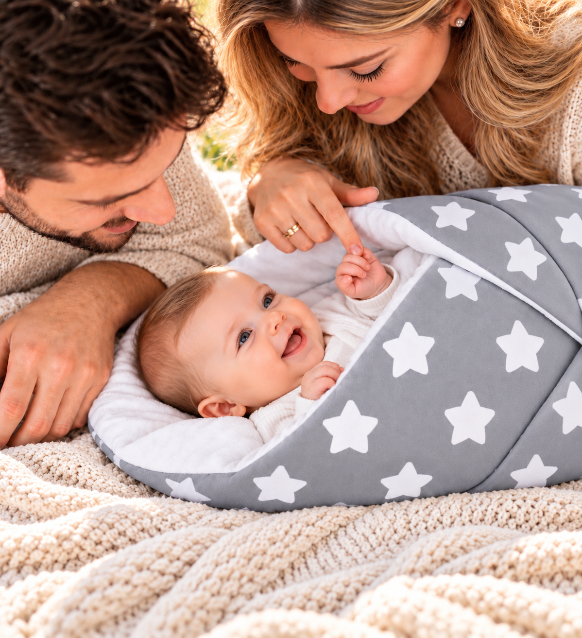 Baby Swaddle Wrap Newborn Bedding Blanket 100% Cotton Sleeping Bag Big White Stars On Grey - MyHappy Baby
