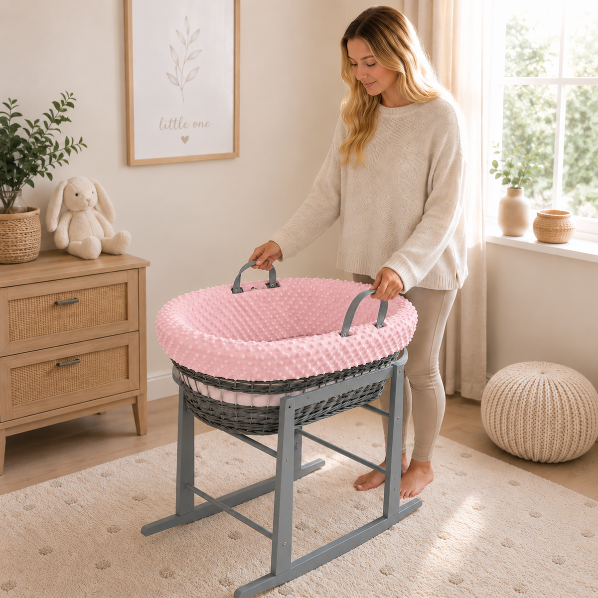 Grey Wicker Moses Basket with Rocking Stand Complete 5-Piece Set (Pink)