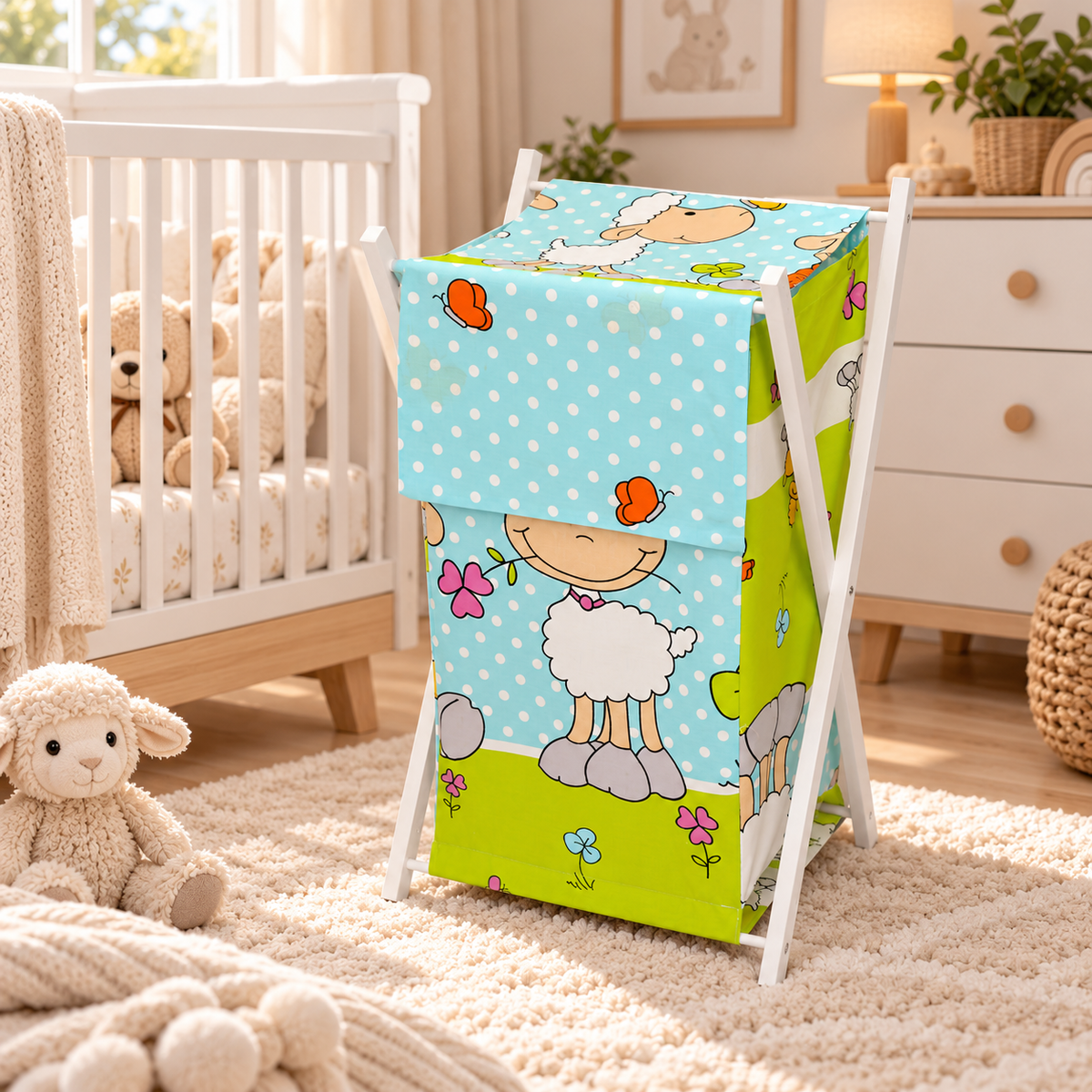 Laundry Basket with white wooden frame and storage removable linen SHEEP TURQUISE