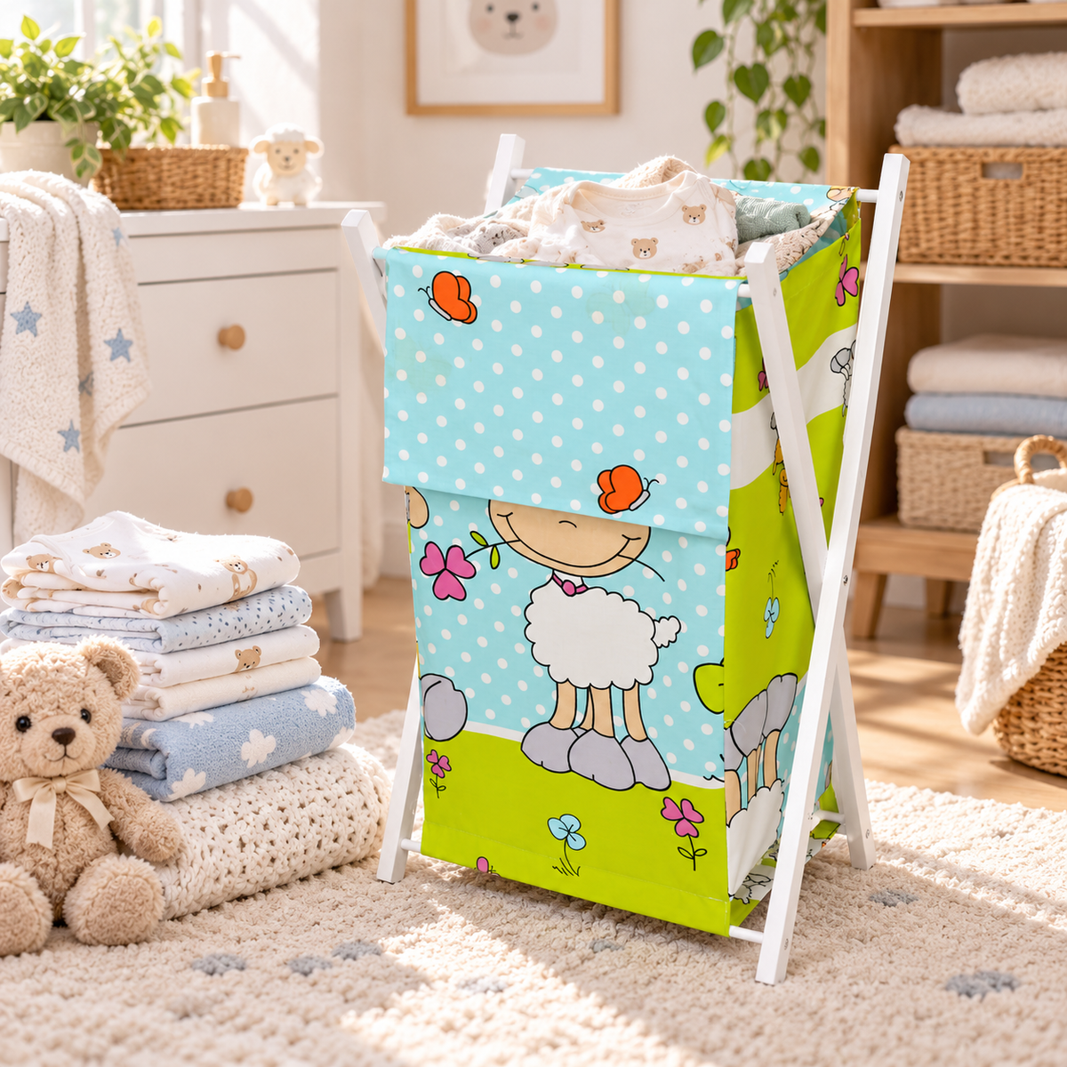 Laundry Basket with white wooden frame and storage removable linen SHEEP TURQUISE