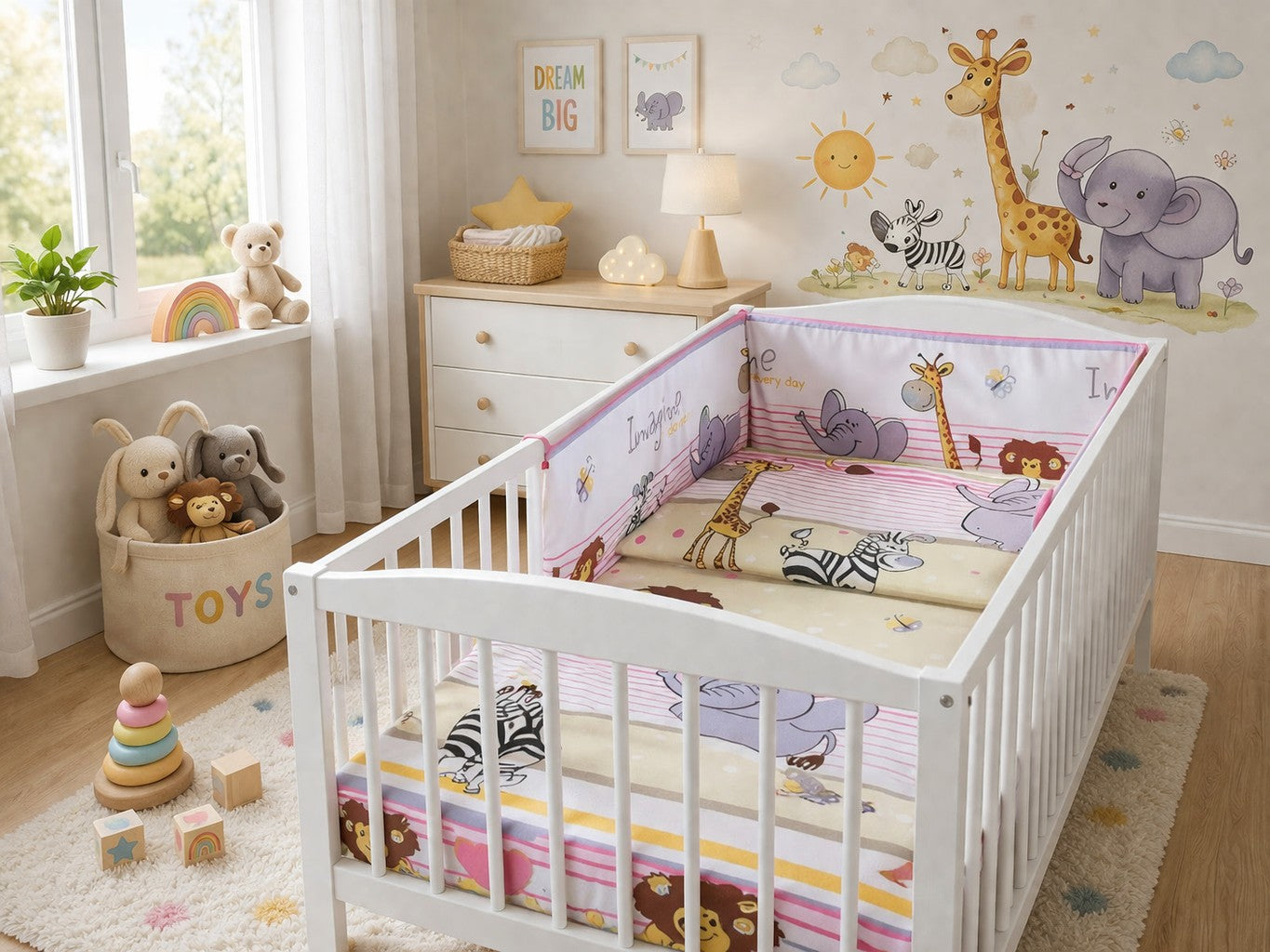3Pc 120x90cm Baby Bedding Set Pillow Duvet Bumper Safari Pink