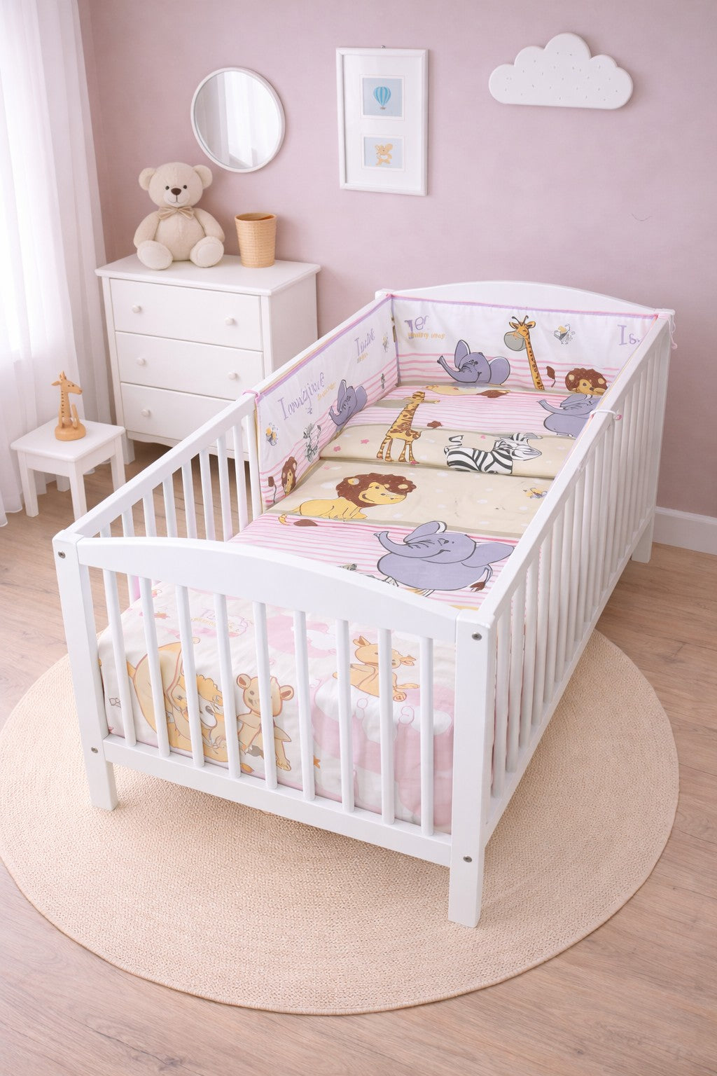 6Pc Baby Bedding Set Bumper Pillow Duvet Fit Cot 120x60cm Safari Pink
