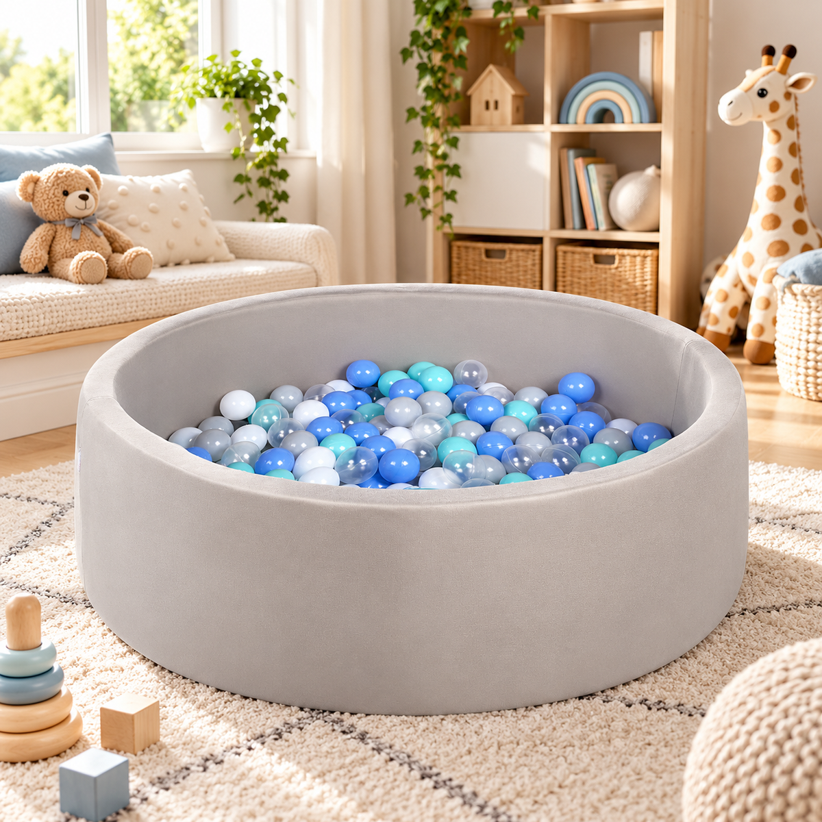 Pool Ball Pit with 200 Balls Soft Foam Toddler Baby Kids Girls Boys Play Round Pool Playpen Removable Cover- Grey