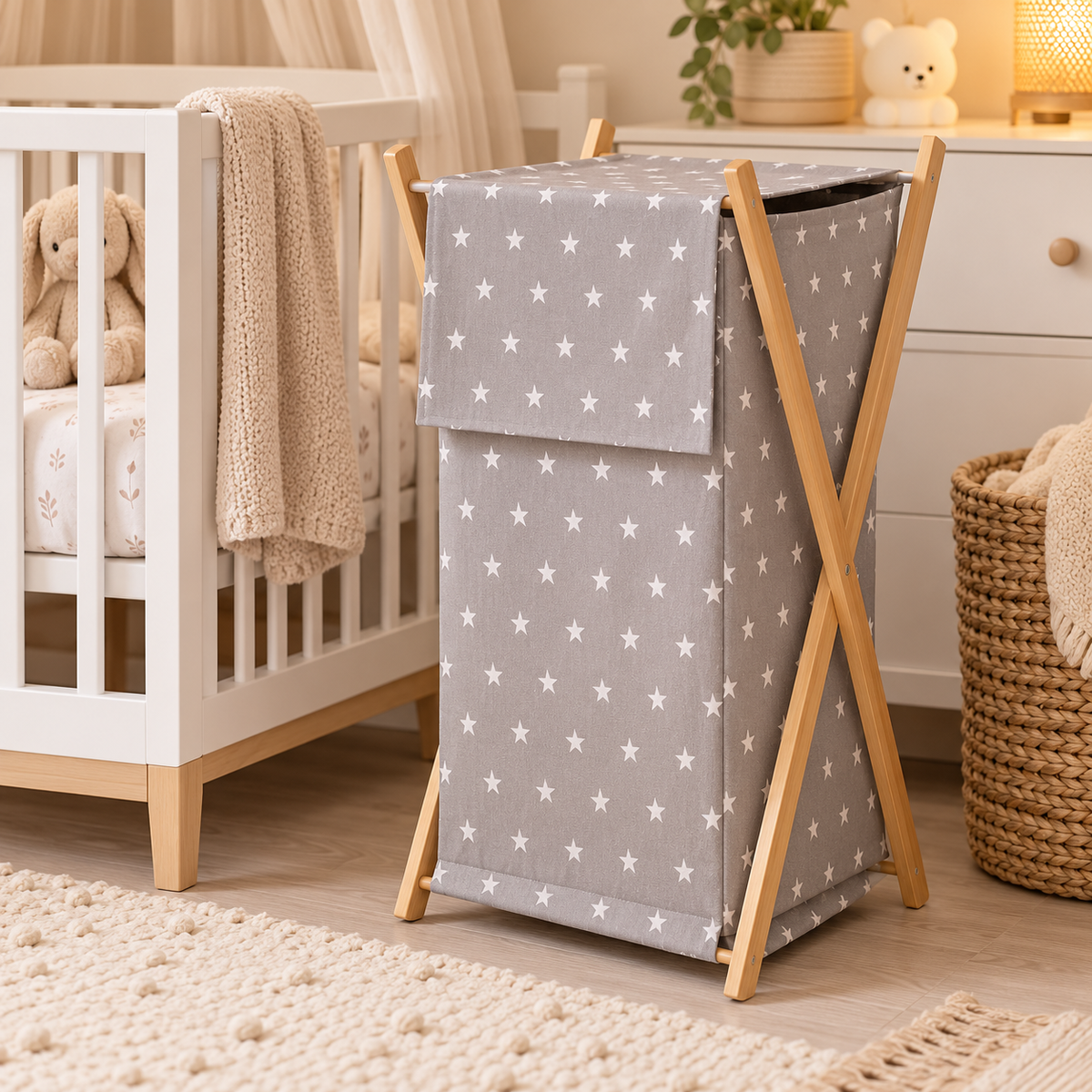 Wooden frame laundry basket with removable linen Small white on Grey