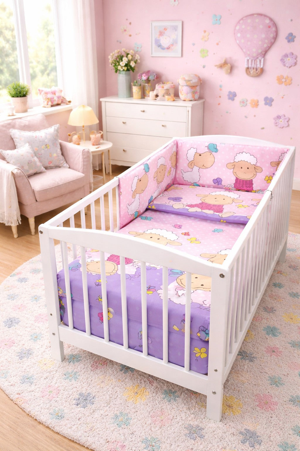 3Pc 120x90cm Baby Bedding Set Pillow Duvet Bumper Sheep Pink