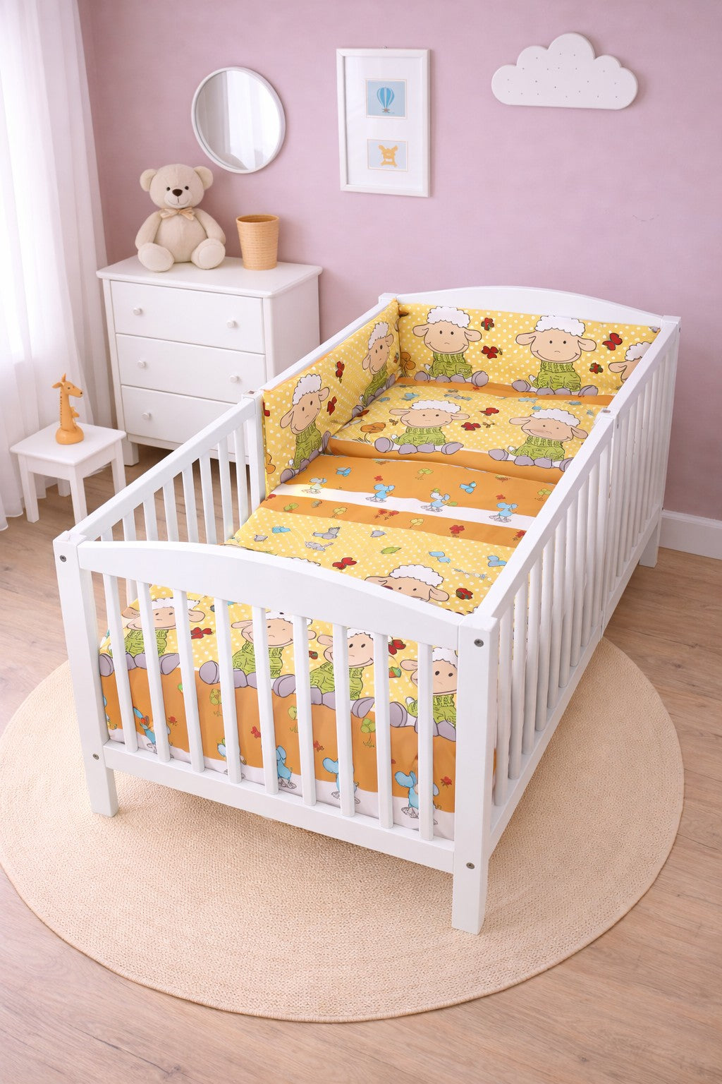6Pc Baby Bedding Set Bumper Pillow Duvet Fit Cot 120x60cm Sheep Yellow