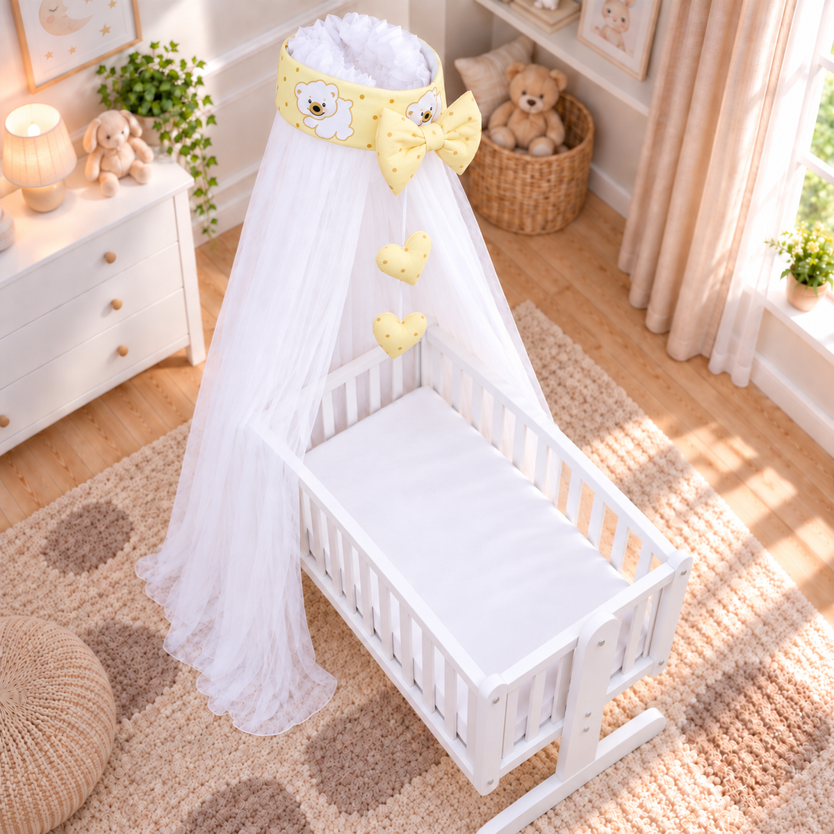 Baby Crib Canopy Mosquito Net with Holder, Decorative Bow & Hanging Hearts – Teddy & Fish cream