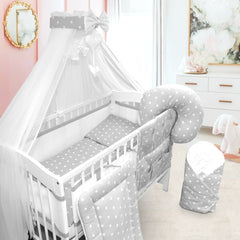 Baby Cotbed Bedding Set 14Pc Fit Cot 140x70 Small white on grey - MyHappy Baby