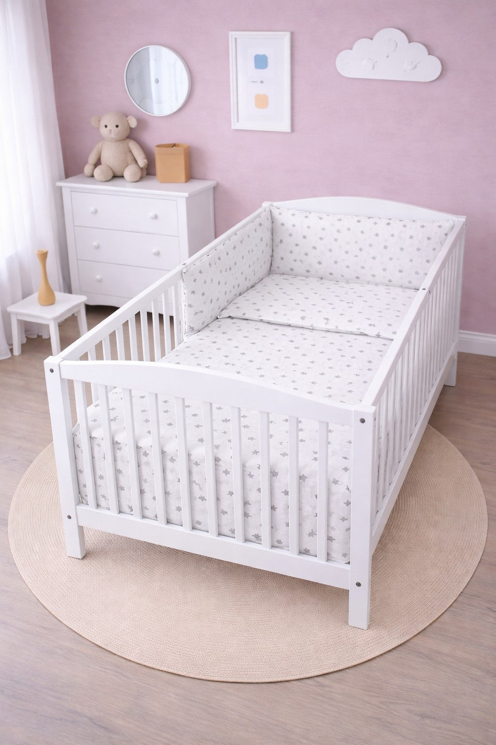 Baby Bedding 6Pc Cotton Set Pillow Duvet Bumper Cot 120x60cm - Small Grey Stars With White - MyHappy Baby