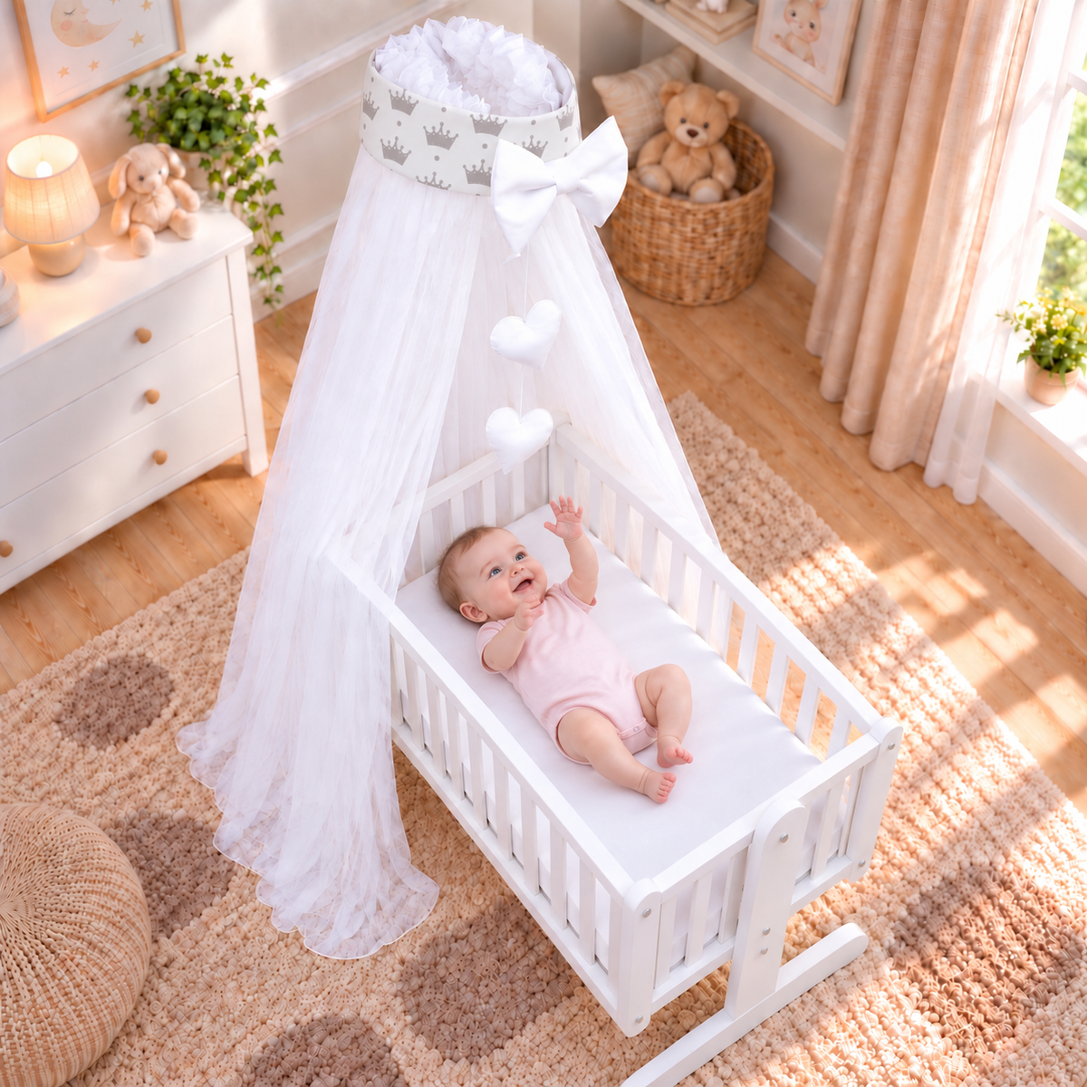 Baby Crib Canopy Mosquito Net with Holder, Decorative Bow & Hanging Hearts – Royal