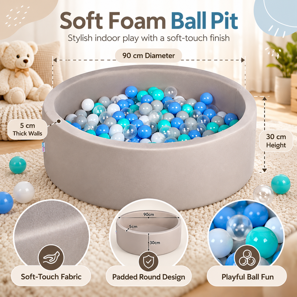 Pool Ball Pit with 200 Balls Soft Foam Toddler Baby Kids Girls Boys Play Round Pool Playpen Removable Cover- Grey