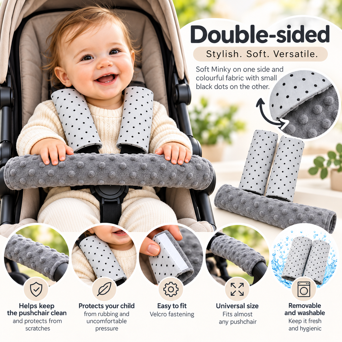 3 Piece Soft Padded Reversible Pushchair Stroller Strap Pads & Bumper Bar Cover Set – Graphite/Dots
