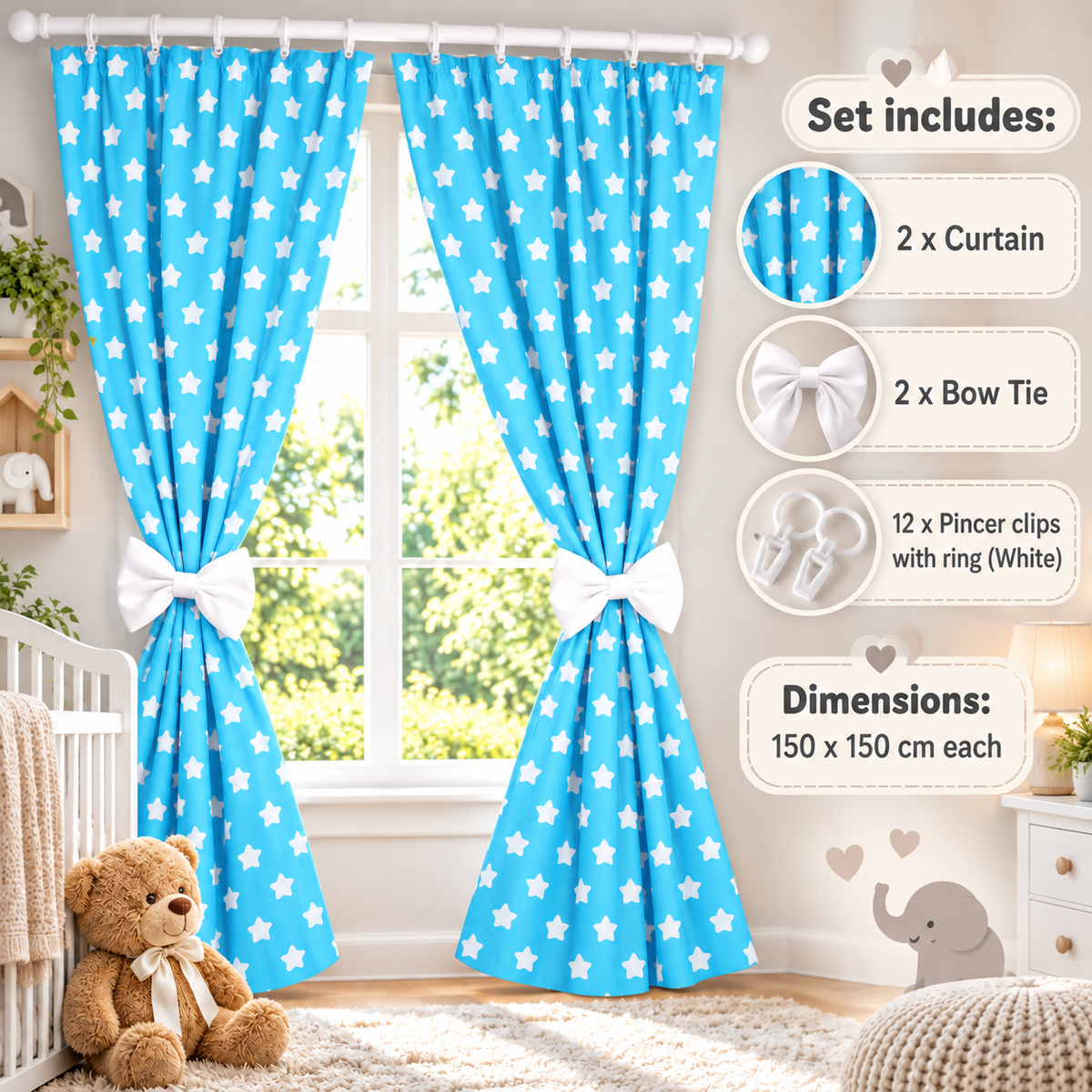 Nursery Curtains for Babies & Toddler's Bedroom Window Big white stars on turquoise