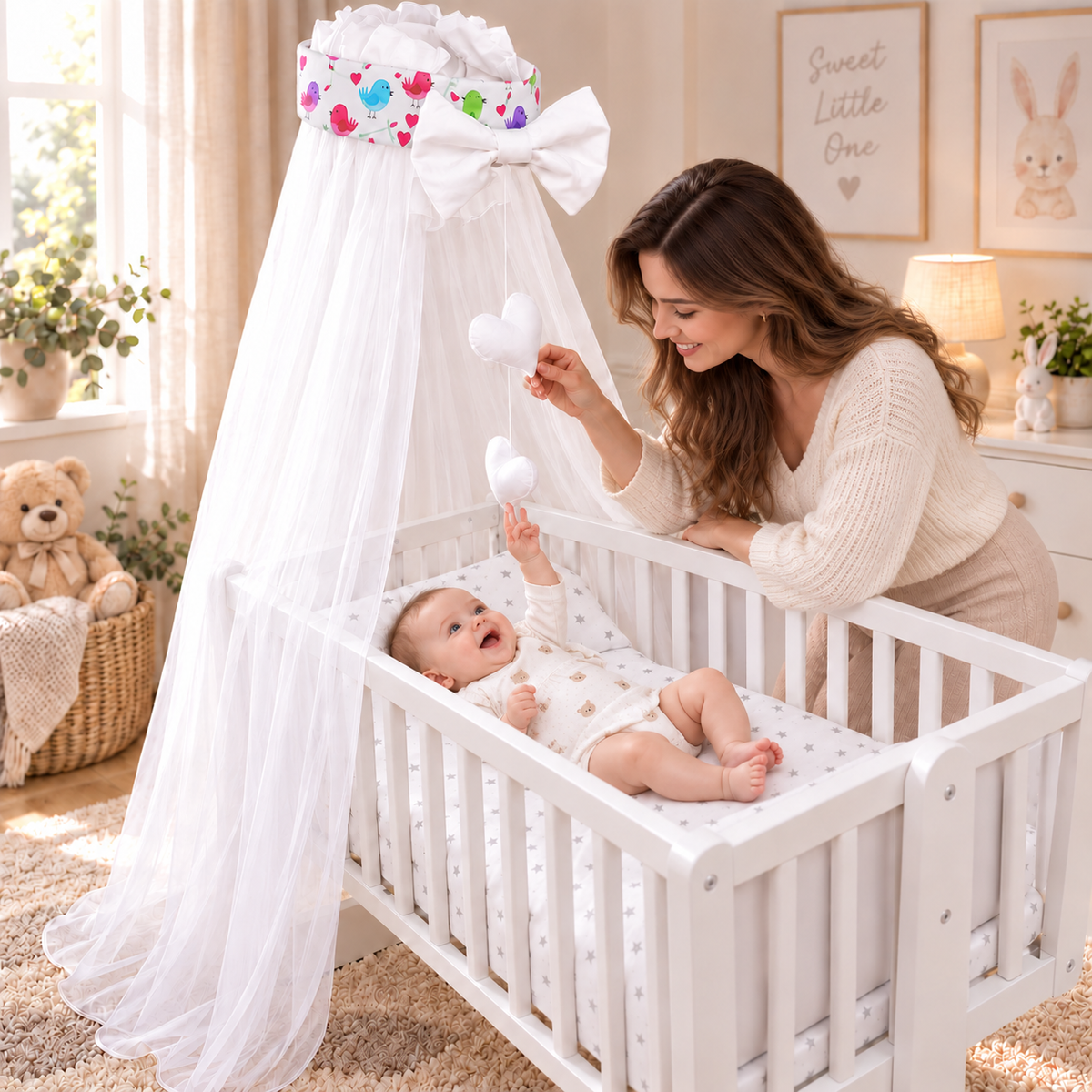 Baby Crib Canopy Mosquito Net with Holder, Decorative Bow & Hanging Hearts – Birds