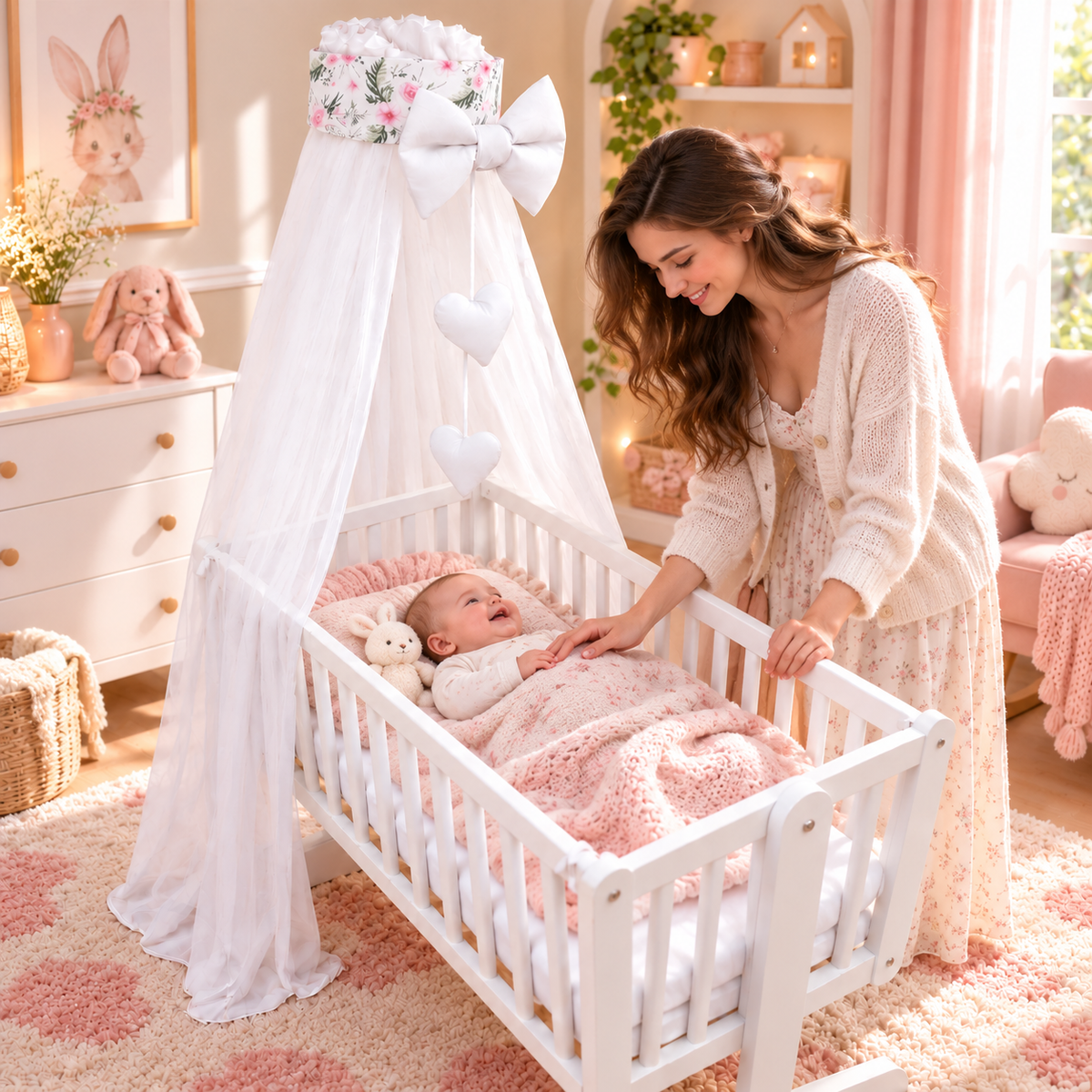Baby Crib Canopy Mosquito Net with Holder, Decorative Bow & Hanging Hearts – Garden Flowers