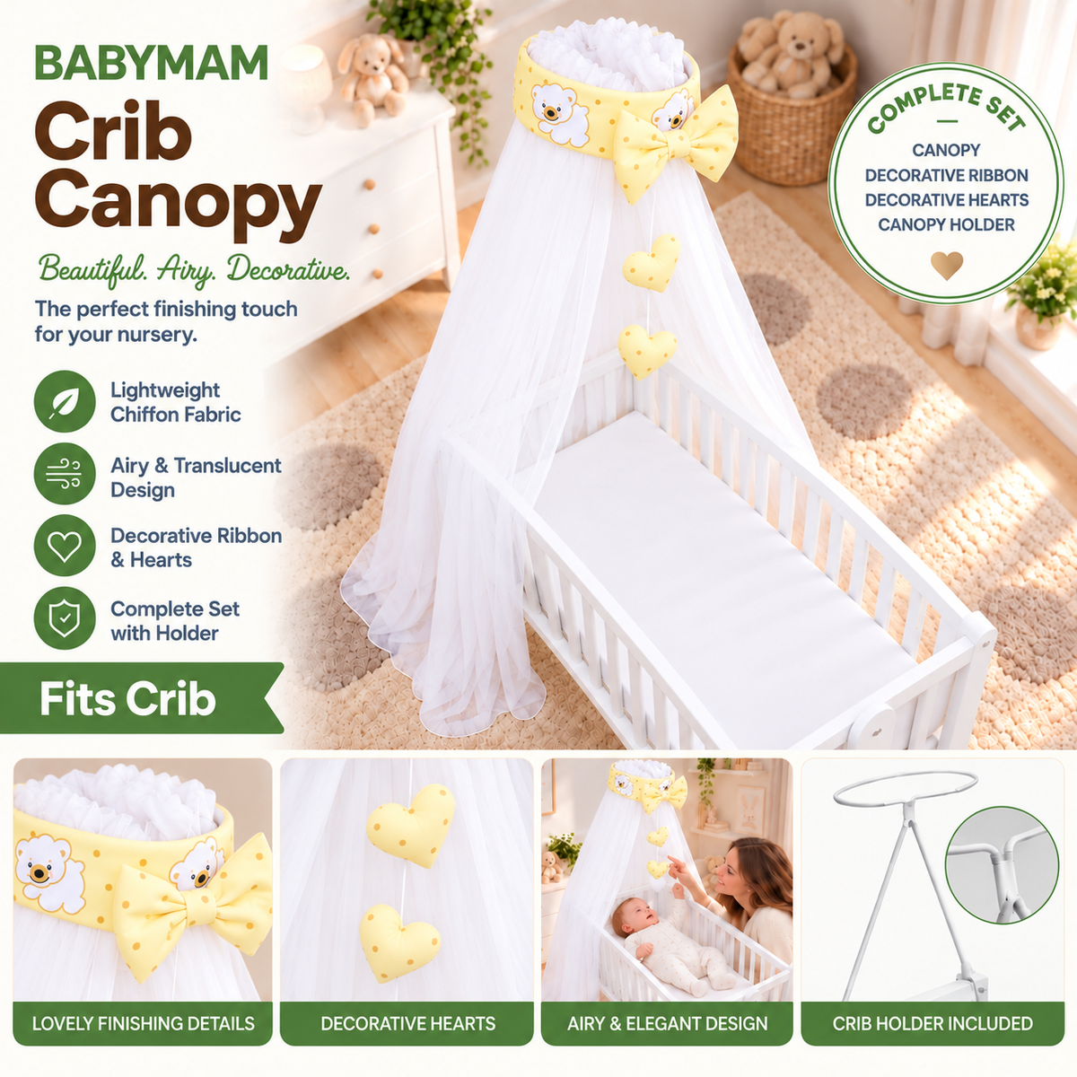 Baby Crib Canopy Mosquito Net with Holder, Decorative Bow & Hanging Hearts – Teddy & Fish cream