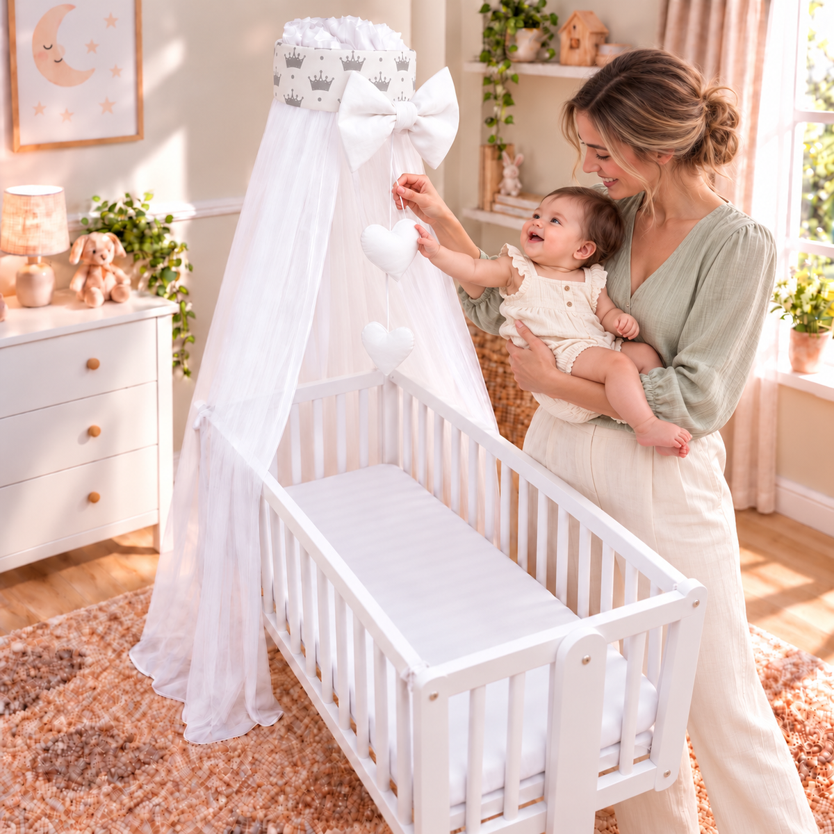 Baby Crib Canopy Mosquito Net with Holder, Decorative Bow & Hanging Hearts – Royal