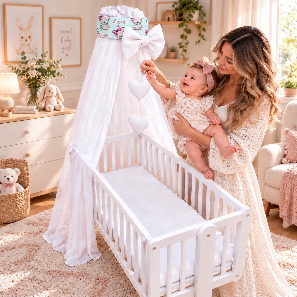 Baby Crib Canopy Mosquito Net with Holder, Decorative Bow & Hanging Hearts – Teddy Girl Mint
